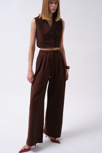 Black Fashion Double Pleated Palazzo Brown Trousers