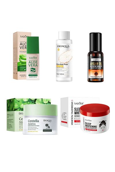 SADOER 5 in 1 Pack Silky Hair Oil Aloe Vera Foundation Rice Raw Lotion Whitening Repair Face Cream