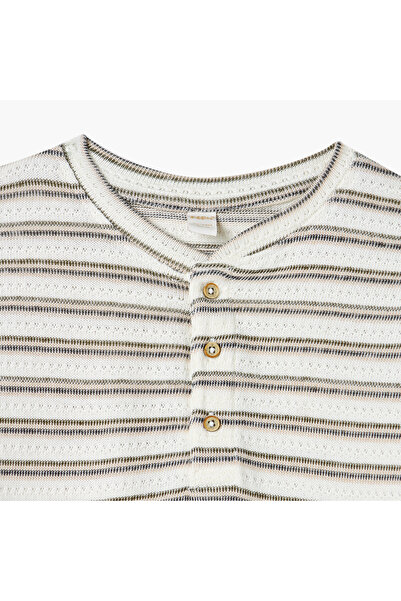 giggles Striped Henley Neck T-shirt with Long Sleeves