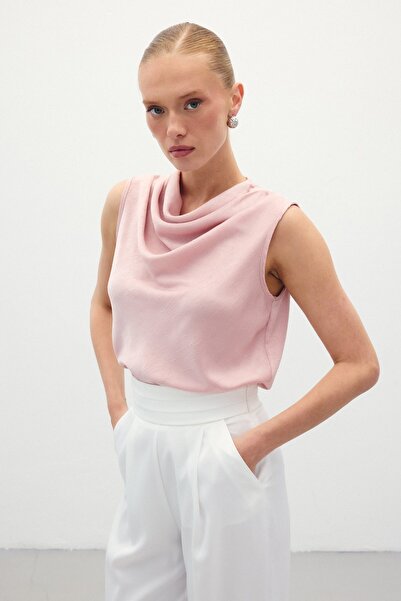 Sateen Degaje Yaka Saten Bluz - Pudra