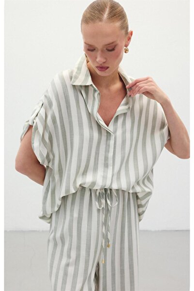 Sateen Çizgili Kısa Kol Gömlek - Haki