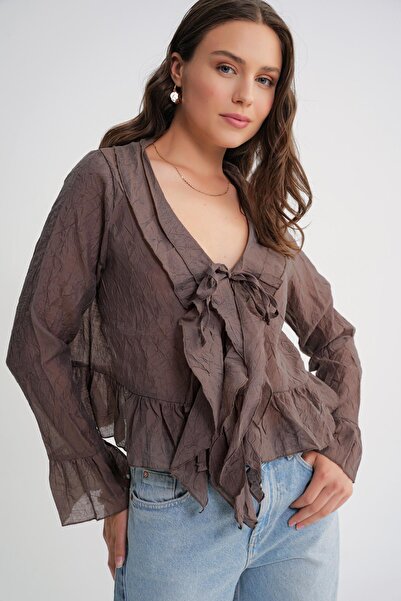 Mixray 4727 Γυναικεία μπλούζα με βολάν με γιακά καφέ