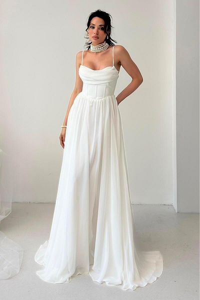 Serica Moda White Strap Slit Chiffon Tulle Evening Dress