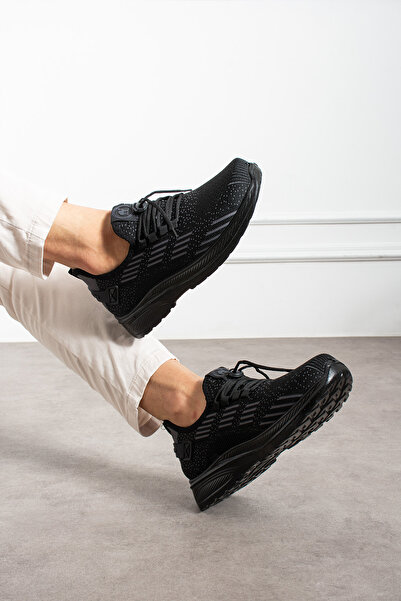 BOUIS Men's Black Daily Lace-Up Knitwear Orthopedic Breathable Sneaker Stylish Lightweight Flexible Men's Shoes