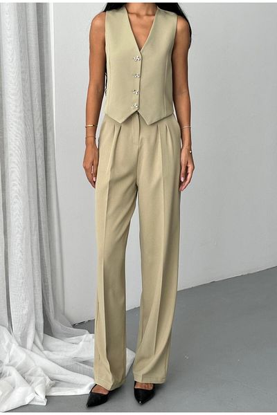 aytenli Double Fabric Bow Button Lined Vest Front Pleated Pocket Half Elastic Waist Wide Pants Suit