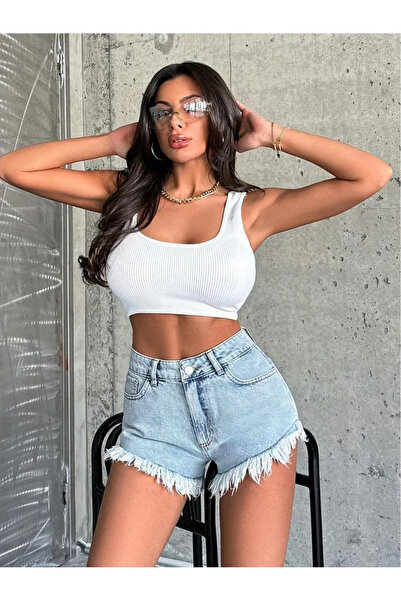 viking's line Kadın Buz Mavi Kot Şort Püsküllü