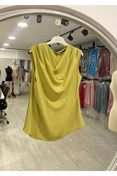 PERA MODA Flowy Degaje Collar No Show Short Zero Sleeve Blouse Shirt