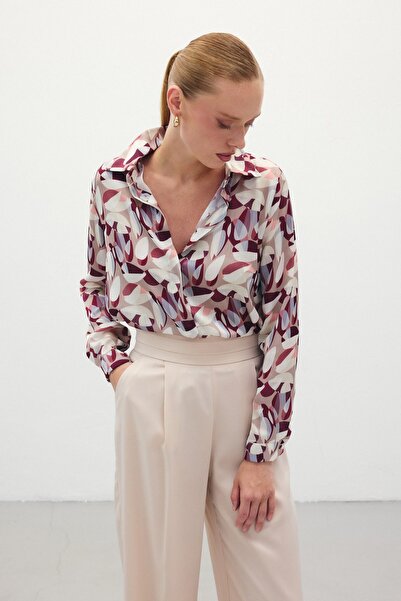 Sateen Desenli Uzun Gömlek - Bordo