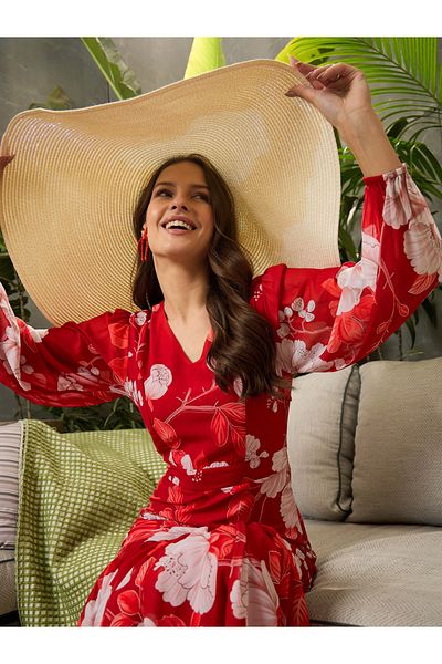 Sassafras By Styli Floral Print Balloon Sleeve Maxi Dress