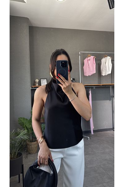 YOUR NAME Halter Neckline Backless Satin Blouse