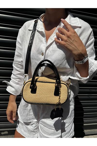 Tina İstanbul Straw Bag with Bag Accessories Black