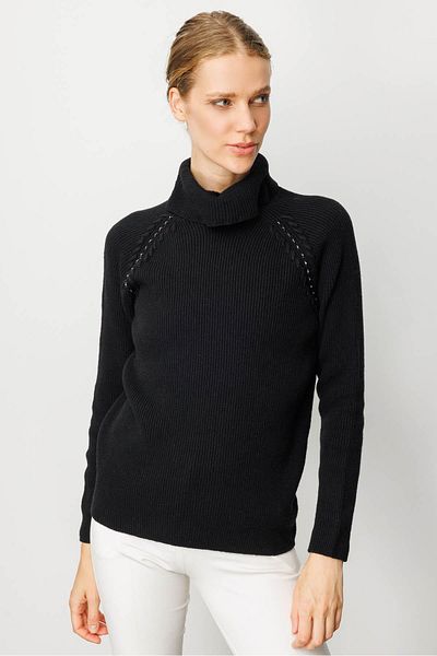 Desen Triko Women's Full Turtleneck Sleeve Beaded Wool Sweater Black