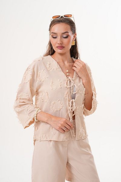 Laressi Jacquard Linen Kimono Shirt with Front Lace-Up