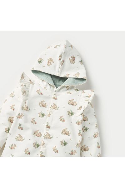 Juniors All-Over Bunny Print Footed Sleepsuit with Hood and Ruffle Detail