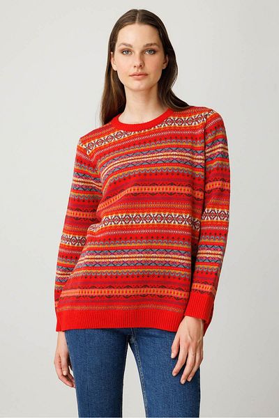 Desen Triko Women's Crew Neck Complete Jacquard Wool Sweater Coral