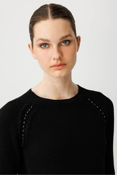 Desen Triko Women's Crew Neck Beaded Wool Sweater Black