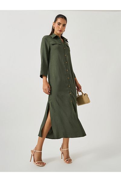 Take Two By Styli Solid Long Sleeve Button Up Midi Dress