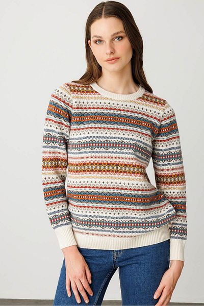 Desen Triko Women's O-Neck Complete Jacquard Wool Sweater Bone