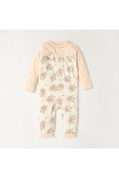 Juniors Floral Print Sleepsuit with Long Sleeves and Bow Applique