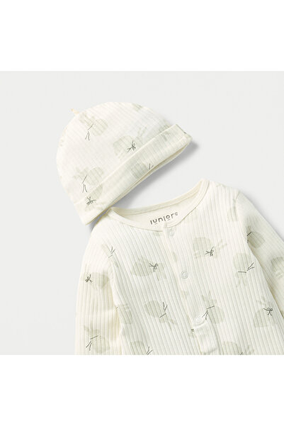 Juniors Bunny Print Ribbed Sleepsuit with Long Sleeves and Button Closure