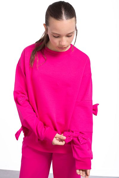 Cansın Mini Fuchsia Slit Leg Bow Detailed Girl's 2-Piece Tracksuit Set 21212