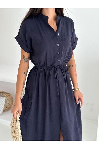 Elaxi Woven Modal, Buttoned, Slit, Belt Detailed Long Dress
