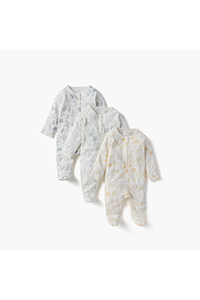 Juniors Printed Closed Feet Sleepsuit with Long Sleeves and Zip Closure - Set of 3