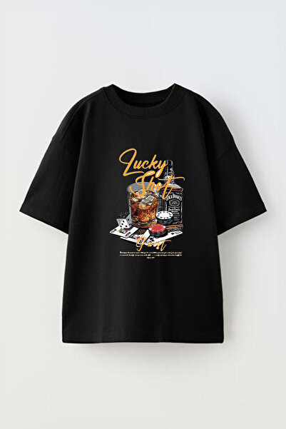 Anetos Tricou oversize negru din bumbac cu imprimeu Lucky Shot pe față