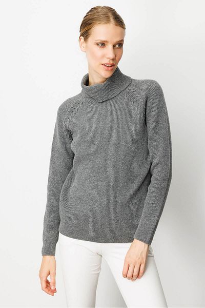 Desen Triko Women's Full Turtleneck Sleeve Beaded Wool Sweater Smoked