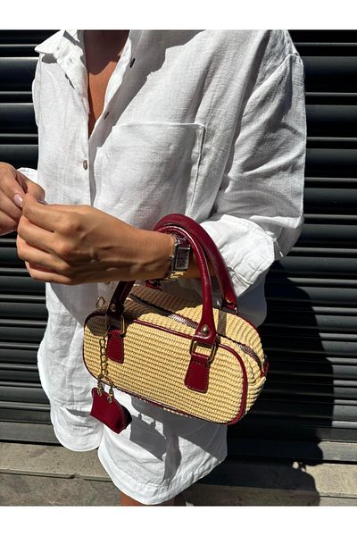 Tina İstanbul Straw Bag with Bag Accessories Claret Red