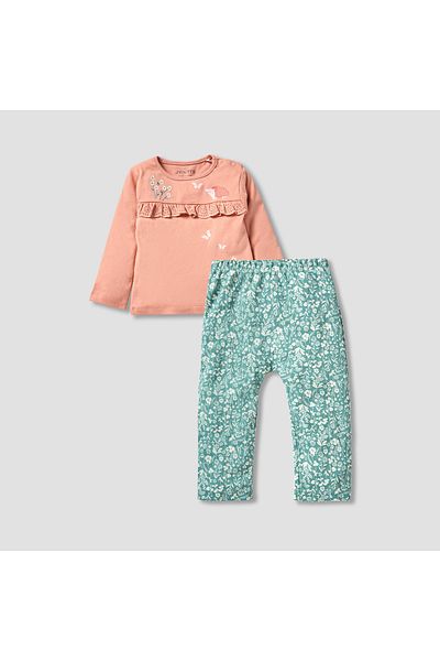 Juniors Schiffli Detail Long Sleeves T-shirt and Elasticated Pyjama Set