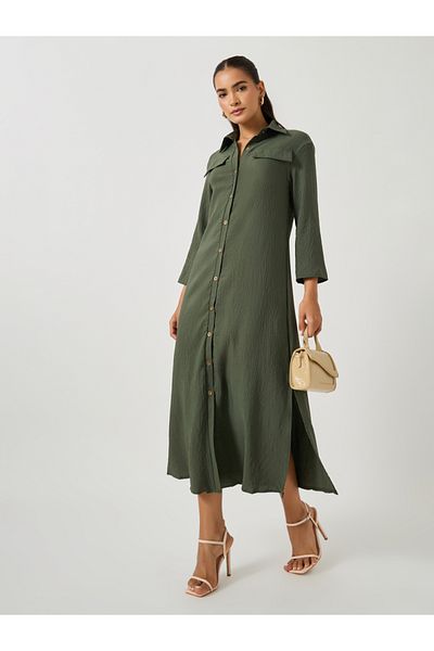 Take Two By Styli Solid Long Sleeve Button Up Midi Dress