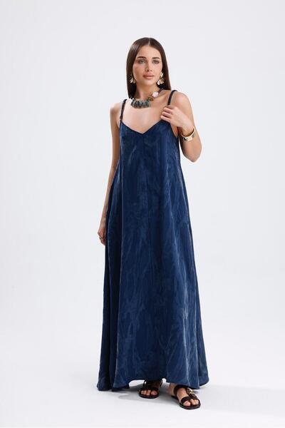 GACA COLLECTION SİLVA jakarlı lastikli askılı uzun salaş elbise