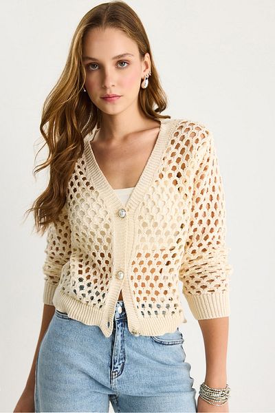 Bianco Lucci Women's V-Neck Openwork Knitwear Cardigan 20255003