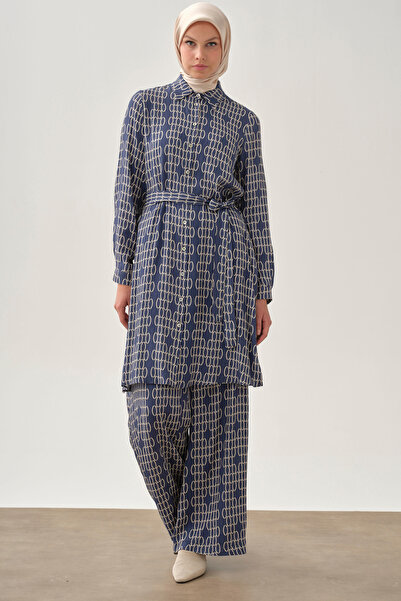 Tuğba Desenli Tunik Pantolon Takım - İndigo