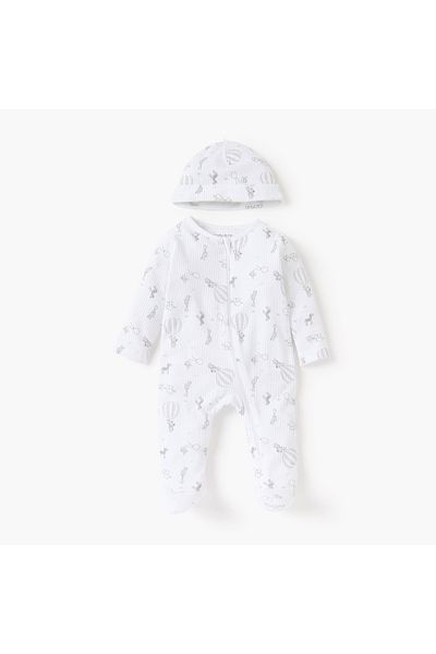 Juniors Animal Print Closed Feet Sleepsuit and Cap Set