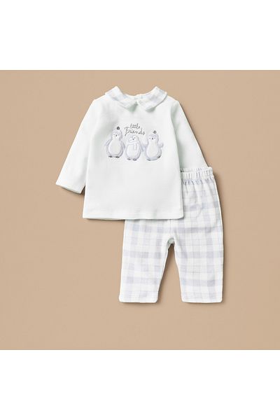 giggles Penguin Embroidered Top and Checked Pyjama Set