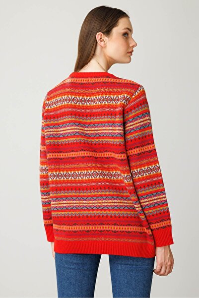 Desen Triko Women's Crew Neck Complete Jacquard Wool Sweater Coral