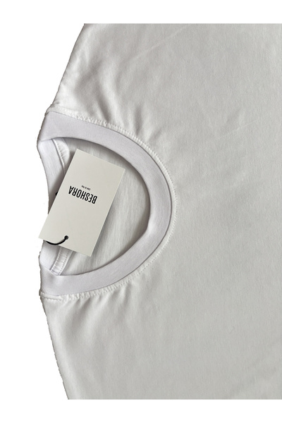 Beshora تي شيرت أبيض برقبة دائرية سادة أساسي غير مطبوع للرجال مقاس كبير