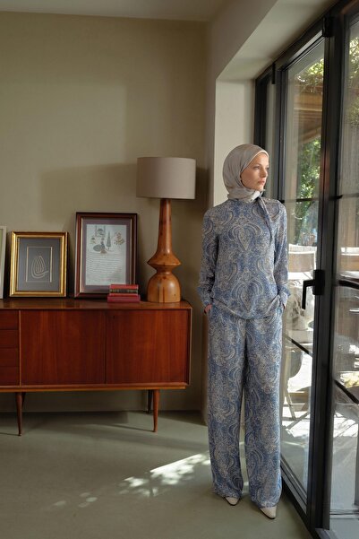 Tuğba Şal Desenli Bol Paça Pantolon - İndigo