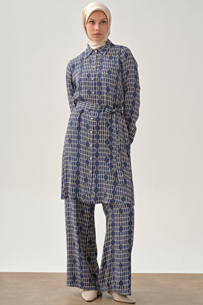 Tuğba Desenli Tunik Pantolon Takım - İndigo