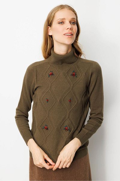 Desen Triko Women's Full Turtleneck Front Diamond Embroidered Sweater Khaki