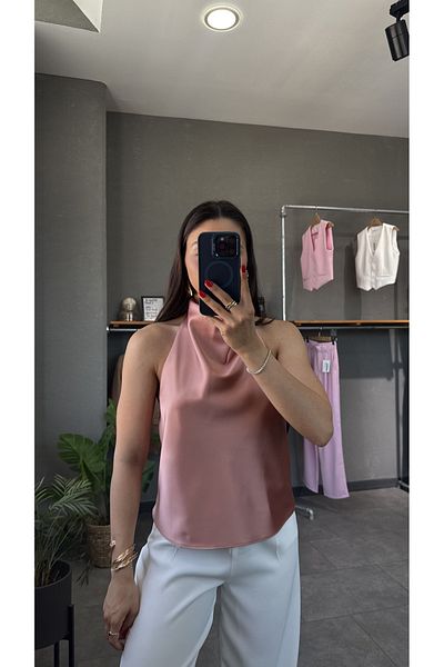 YOUR NAME Halter Neckline Backless Satin Blouse