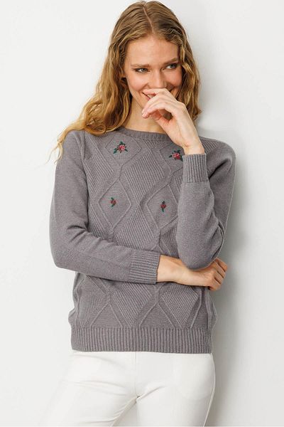 Desen Triko Women's Crew Neck Front Diamond Embroidery Embroidered Sweater Smoked