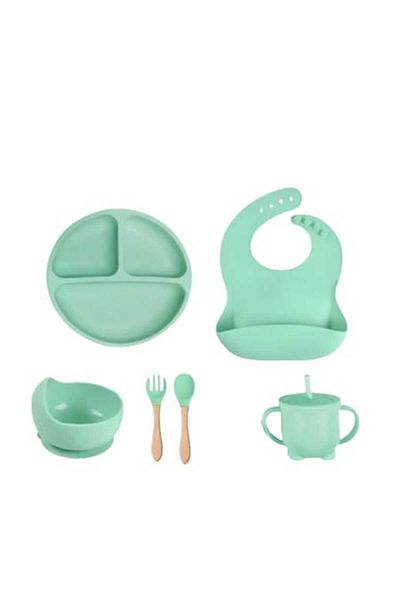 OEM Set de hrănire și diversificare a alimentelor pentru bebeluși, silicon fără BPA, 6 piese, bavetă cu buzunar, ventuză