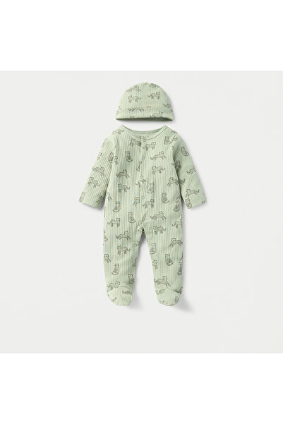 Juniors طقم نوم بطبعة جلد الفهد بالكامل مع قبعة وأقدام مغلقة