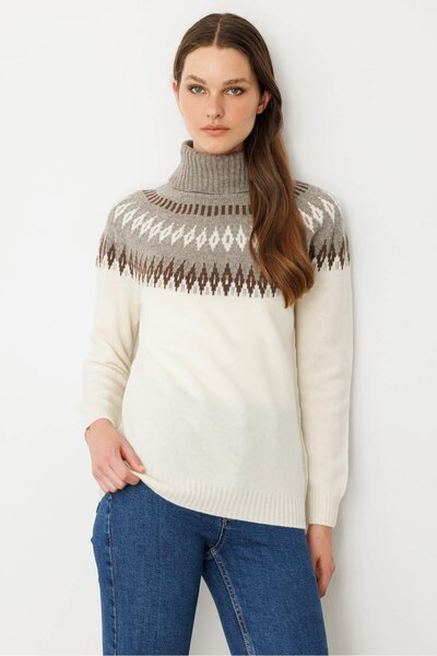 Desen Triko Women's Full Turtleneck Robe Baklava Wool Sweater Bone
