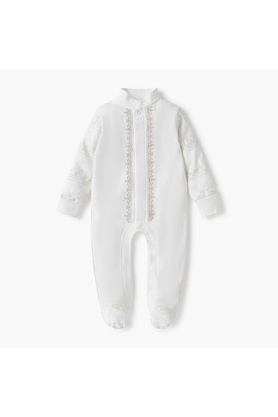 Juniors Embroidered Closed Foot Sleepsuit with Long Sleeves and Mandarin Collar
