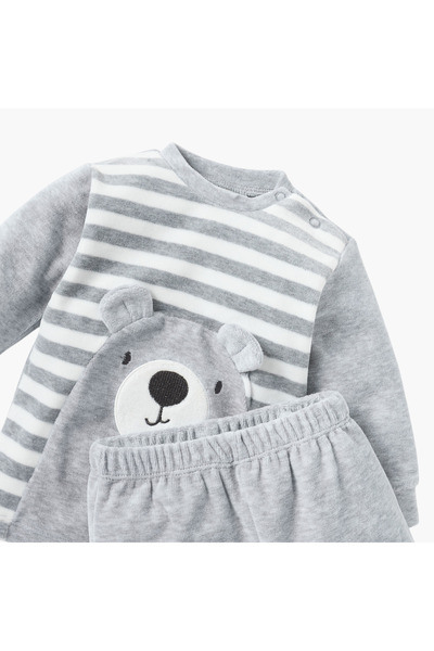 Juniors Bear Applique Long Sleeves Velour Sweatshirt and Pyjama Set