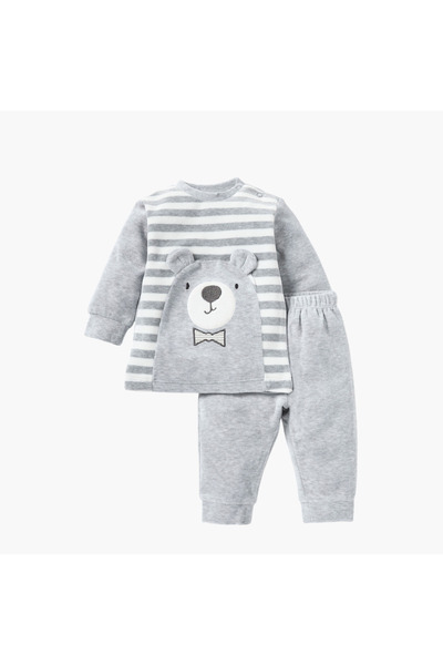 Juniors Bear Applique Long Sleeves Velour Sweatshirt and Pyjama Set
